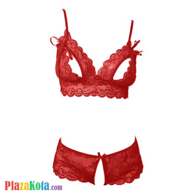 B229 - Bra Set Bralette Merah Transparan Cup Openable Celana Dalam Crotchless - Photo 1