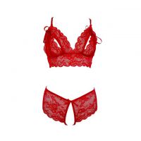 B229 - Bikini Bra Set Merah Transparan, Cup Openable, Crotchless