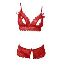 B229 - Bra Set Bralette Merah Transparan Cup Openable Celana Dalam Crotchless