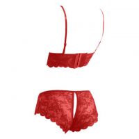 B229 - Bra Set Bralette Merah Transparan Cup Openable Celana Dalam Crotchless - Thumbnail 2