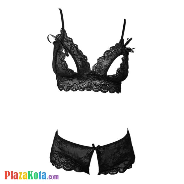 B230 - Bra Set Bralette Hitam Transparan Cup Openable Celana Dalam Crotchless - Photo 1