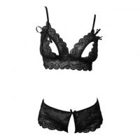 B230 - Bra Set Bralette Hitam Transparan Cup Openable Celana Dalam Crotchless