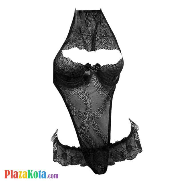 L0809 - Lingerie Teddy Halterneck Hitam Transparan, Bra Kawat - Photo 1