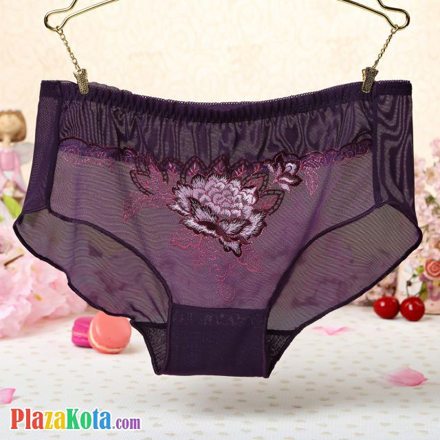 P283 - Celana Dalam Panties Hipster Ungu Transparan Bordir Bunga - Photo 1