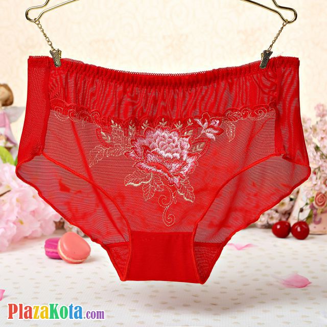 P284 - Celana Dalam Panties Hipster Merah Transparan Bordir Bunga - Photo 1