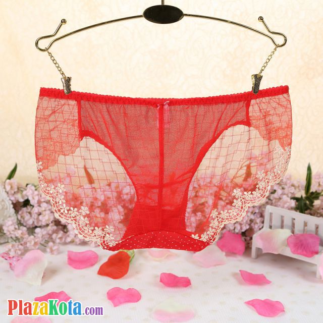 P291 - Celana Dalam Panties Hipster Merah Transparan Dot Kotak-Kotak - Photo 2
