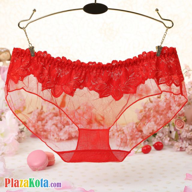 P299 - Celana Dalam Panties Hipster Merah Transparan Renda Bunga - Photo 2