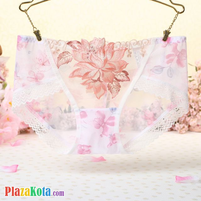 P304 - Celana Dalam Panties Hipster Putih Transparan Bordir Bunga - Photo 1