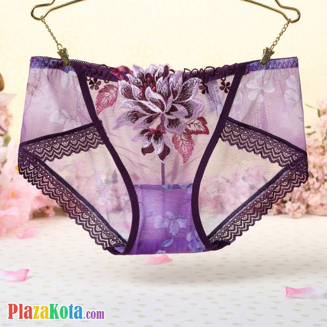 P306 - Celana Dalam Panties Hipster Ungu Transparan Bordir Bunga - Photo 1