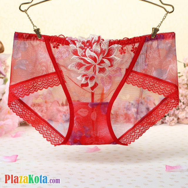 P307 - Celana Dalam Panties Hipster Merah Transparan, Bordir Bunga - Photo 1
