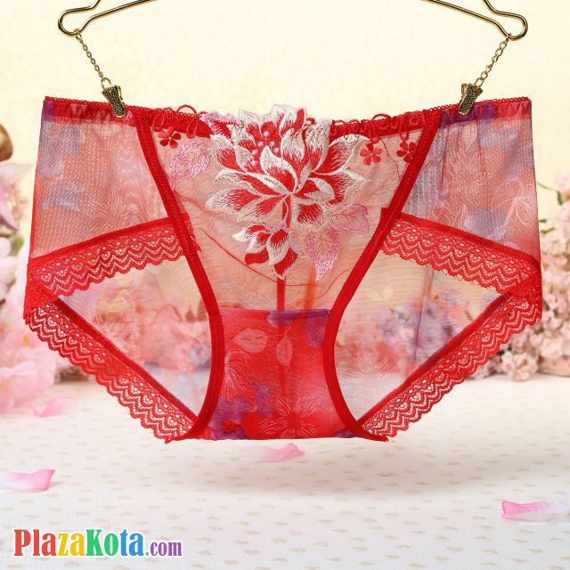 P307 - Celana Dalam Panties Hipster Merah Transparan Bordir Bunga - Photo 1