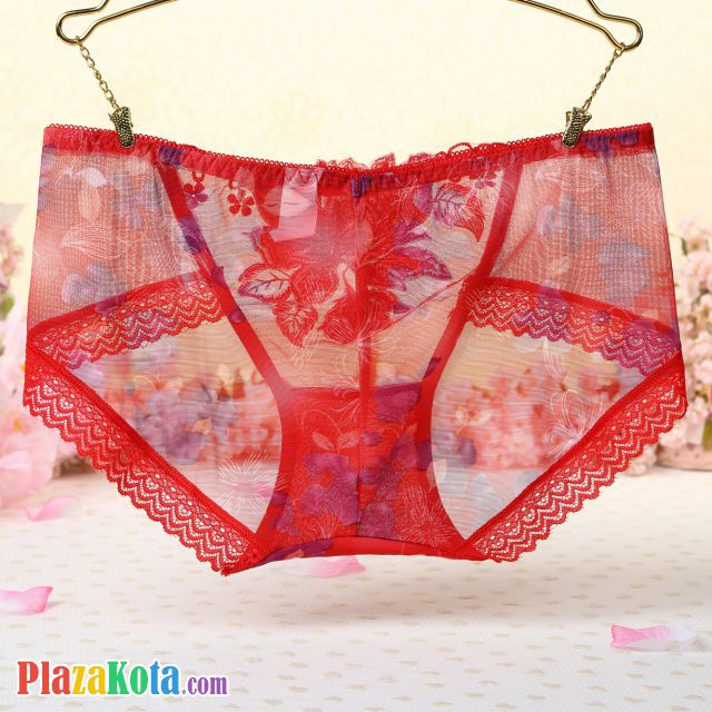 P307 - Celana Dalam Panties Hipster Merah Transparan, Bordir Bunga - Photo 2
