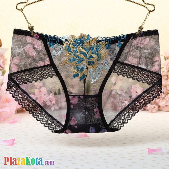 P309 - Celana Dalam Panties Hipster Hitam Transparan Bordir Bunga - Photo 1