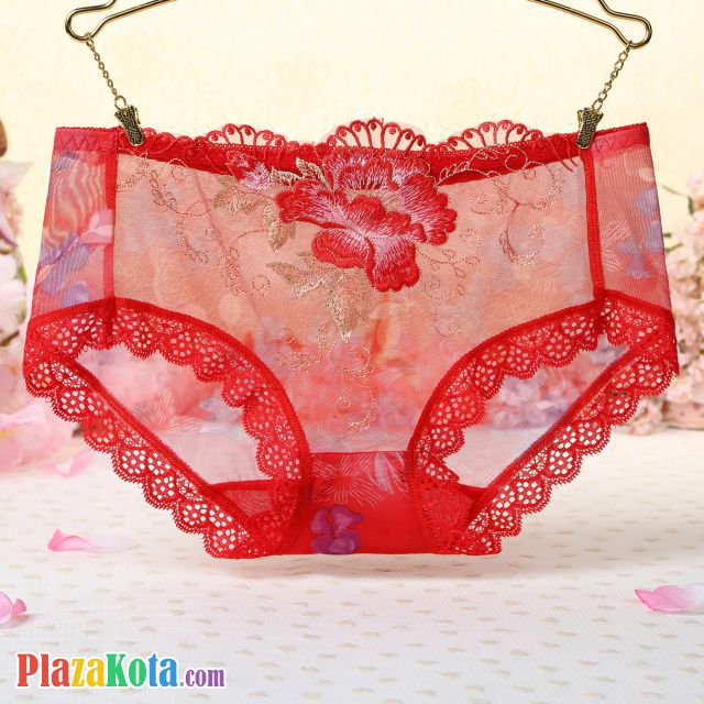 P337 - Celana Dalam Panties Hipster Merah Transparan, Bordir Bunga - Photo 1