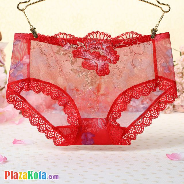 P337 - Celana Dalam Panties Hipster Merah Transparan Bordir Bunga - Photo 1