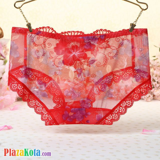 P337 - Celana Dalam Panties Hipster Merah Transparan, Bordir Bunga - Photo 2
