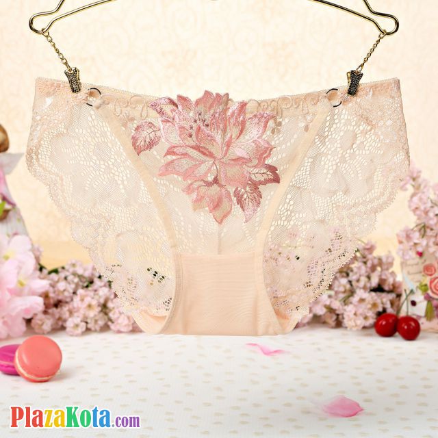 P339 - Celana Dalam Panties Thong Krem Transparan Bordir Bunga - Photo 1