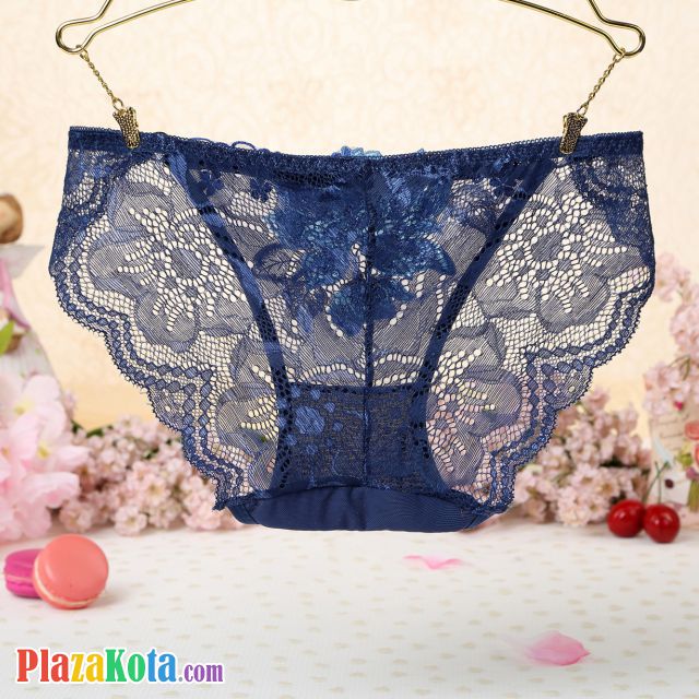 P340 - Celana Dalam Panties Thong Biru Transparan Bordir Bunga - Photo 2