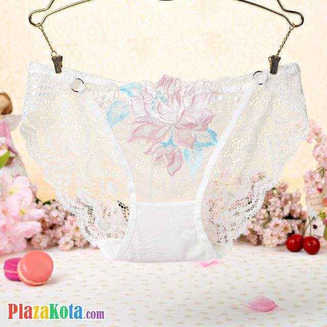 P342 - Celana Dalam Panties Thong Putih Transparan Bordir Bunga - Photo 1
