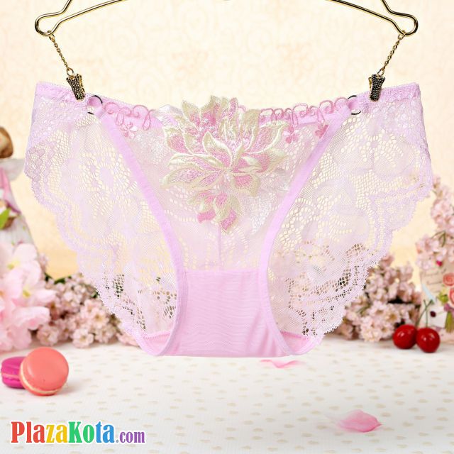 P343 - Celana Dalam Panties Thong Pink Transparan Bordir Bunga - Photo 1