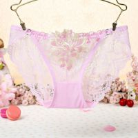 P343 - Celana Dalam Panties Thong Pink Transparan, Bordir Bunga