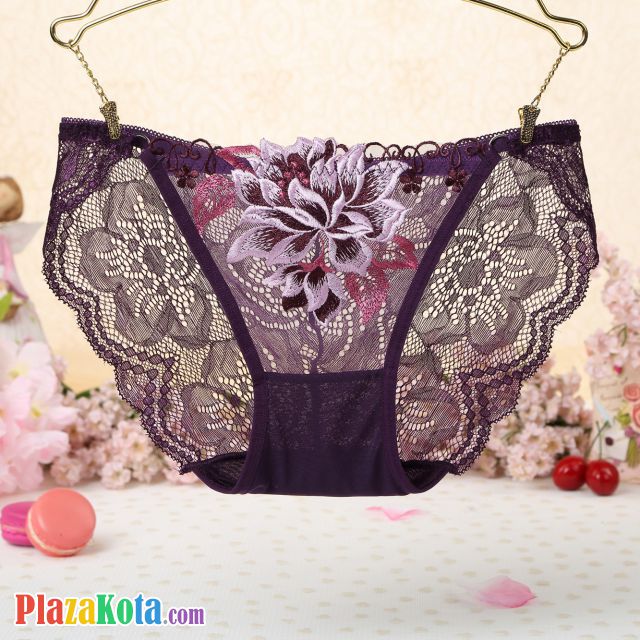 P344 - Celana Dalam Panties Thong Ungu Transparan Bordir Bunga - Photo 1