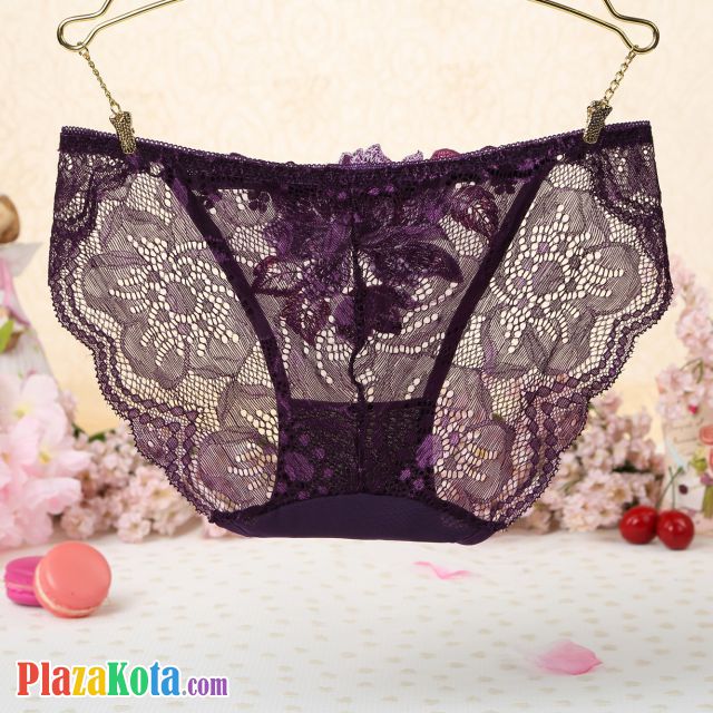 P344 - Celana Dalam Panties Thong Ungu Transparan Bordir Bunga - Photo 2