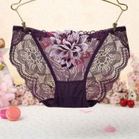 P344 - Celana Dalam Panties Thong Ungu Transparan, Bordir Bunga