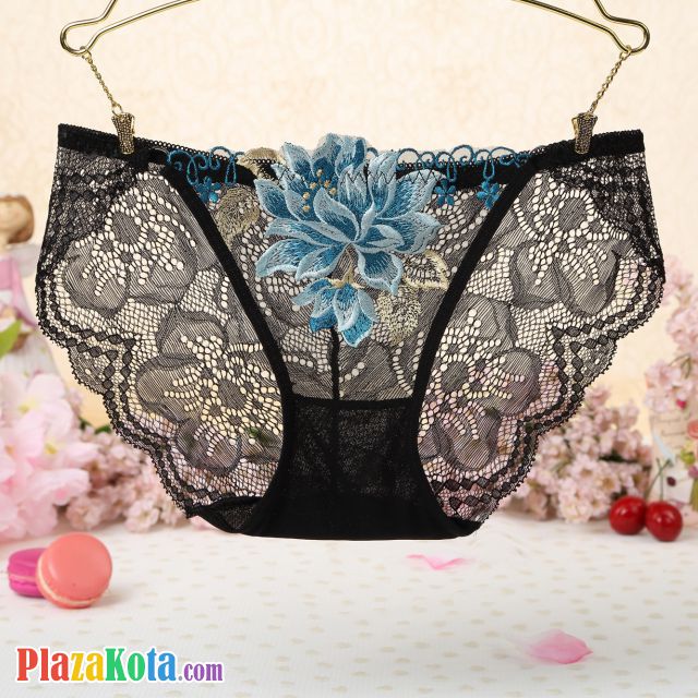 P345 - Celana Dalam Panties Thong Hitam Transparan Bordir Bunga - Photo 1