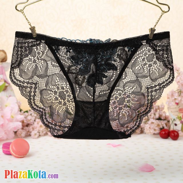 P345 - Celana Dalam Panties Thong Hitam Transparan Bordir Bunga - Photo 2