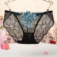 P345 - Celana Dalam Panties Thong Hitam Transparan, Bordir Bunga