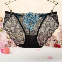 P345 - Celana Dalam Panties Thong Hitam Transparan, Bordir Bunga