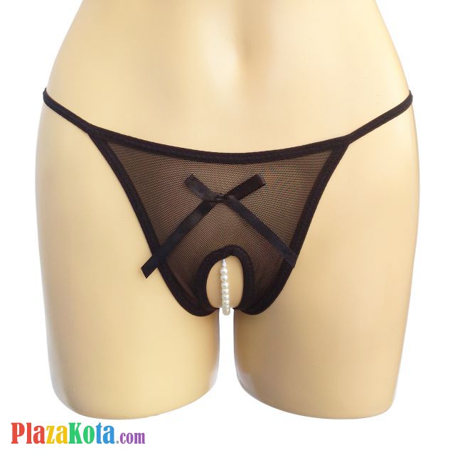 GS189 - Celana Dalam G-String Mutiara Crotchless Hitam Transparan Pita - Photo 1