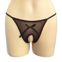 GS189 - Celana Dalam G-String Mutiara Crotchless Hitam Transparan Pita