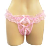 GS200 - Celana Dalam G-String Mutiara Crotchless Pink Transparan, Pita