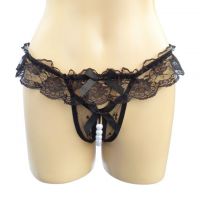 GS202 - Celana Dalam G-String Mutiara Crotchless Hitam Transparan, Pita