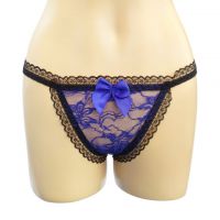 GS204 - Celana Dalam G-String Wanita Biru Transparan, Pita, Mutiara, Berlian Imitasi