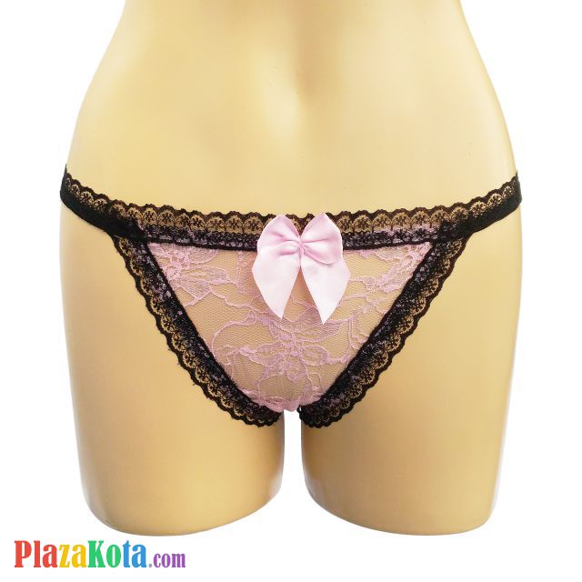GS205 - Celana Dalam G-String Wanita Pink Transparan Pita Mutiara Berlian Imitasi - Photo 1