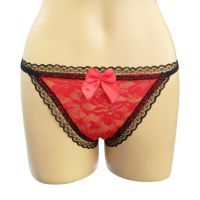 GS207 - Celana Dalam G-String Wanita Merah Transparan, Pita, Mutiara, Berlian Imitasi