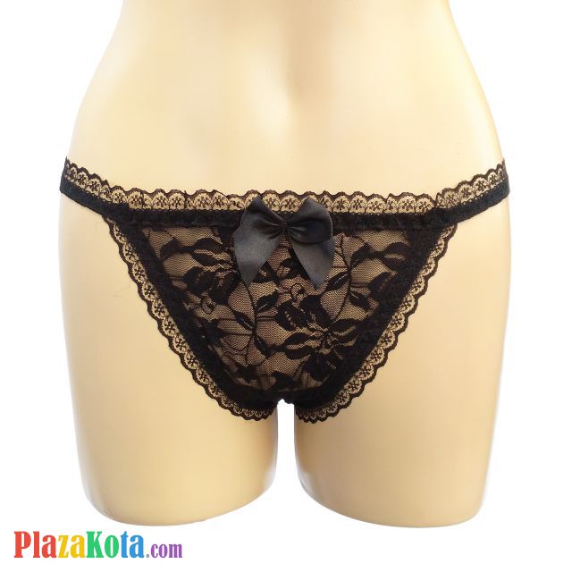 GS208 - Celana Dalam Wanita G-String Seksi Hitam Transparan Pita Mutiara Berlian Imitasi - Photo 1