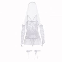 L0823 - Lingerie Costume Bridal Pengantin Tali Silang Putih Transparan, Penutup Kepala, Sarung Tangan, Garter Paha
