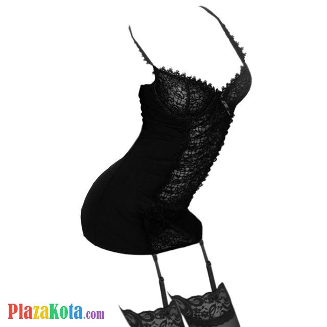 L0843 - Lingerie Chemise Hitam, Bra Kawat, Garter Strap, Stocking Fishnet - Photo 1