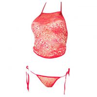 B248 - Lingerie Set Bralette Halterneck Merah, Panties Ikat Samping