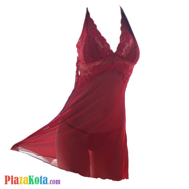 L0871 - Baju Tidur Lingerie Nightgown Sleepwear Midi Dress Tali Silang Merah Transparan - Photo 1