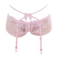 G023 - Garter Belt Panties Boyshort Pink Transparan, Tali Silang, Pita, Crotchless, Tali 4