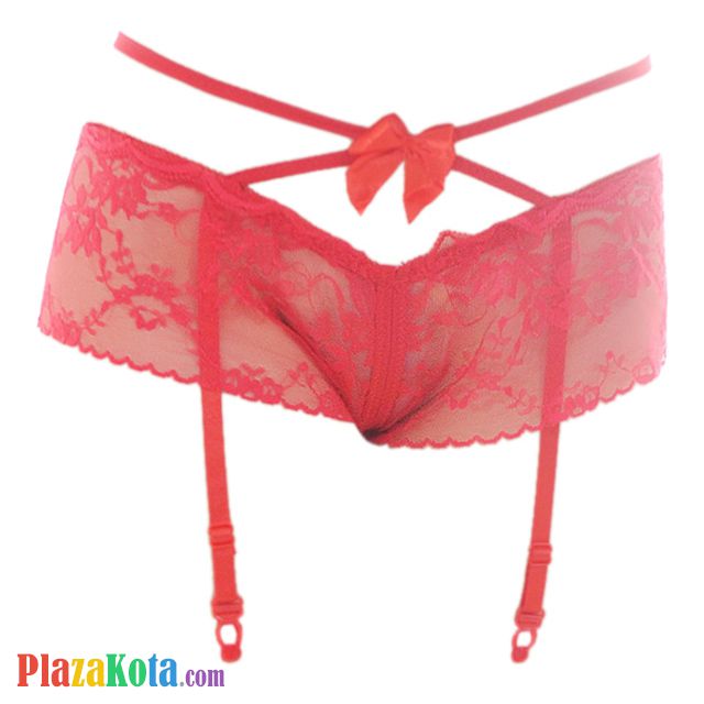 G024 - Garter Belt Panties Boyshort Merah Transparan Tali Silang Pita Crotchless Tali 4 - Photo 1