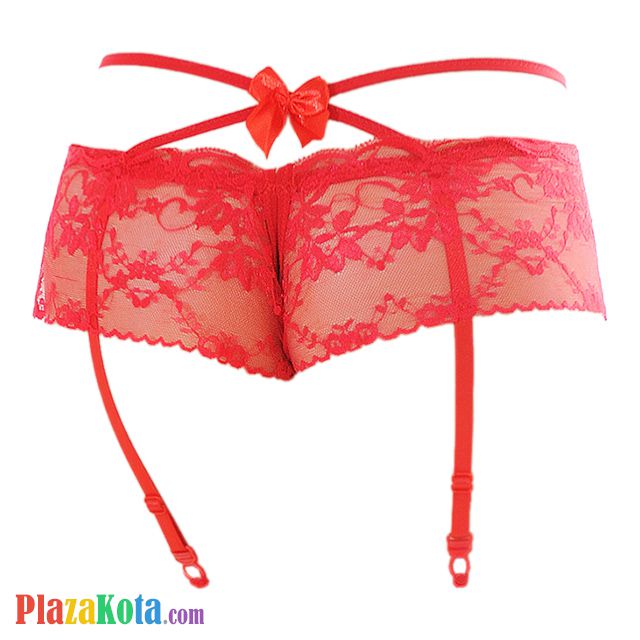 G024 - Garter Belt Panties Boyshort Merah Transparan Tali Silang Pita Crotchless Tali 4 - Photo 2