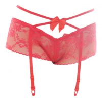 G024 - Garter Belt Panties Boyshort Merah Transparan, Tali Silang, Pita, Crotchless, Tali 4