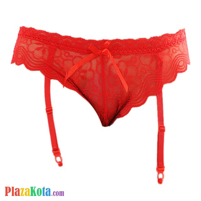 G028 - Garter Belt Panties Hipster Merah Transparan Pita Tali 4 - Photo 1