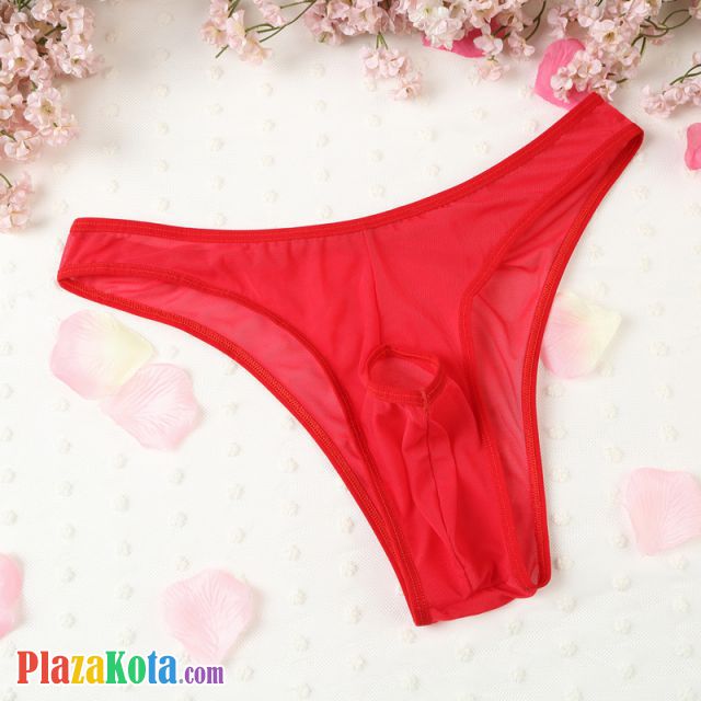 GP068 - Celana Dalam G-String Pria Merah Transparan Lubang Depan - Photo 1